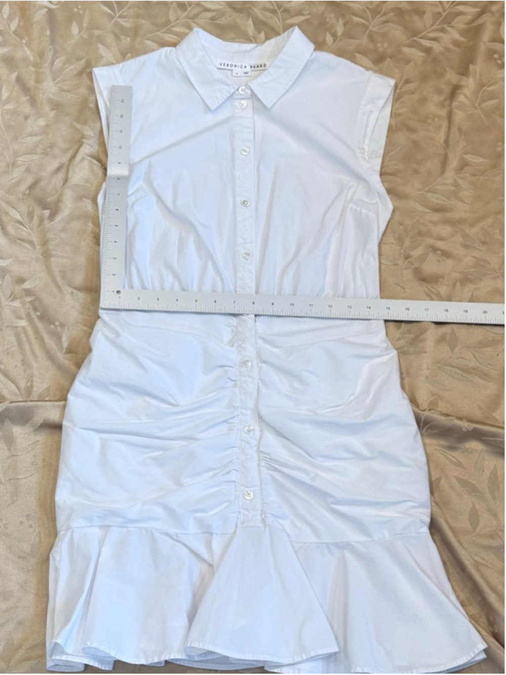 Veronica Beard Ruched Shirt Dress with Ruffle Hem, Off White - Picture 7 of 8